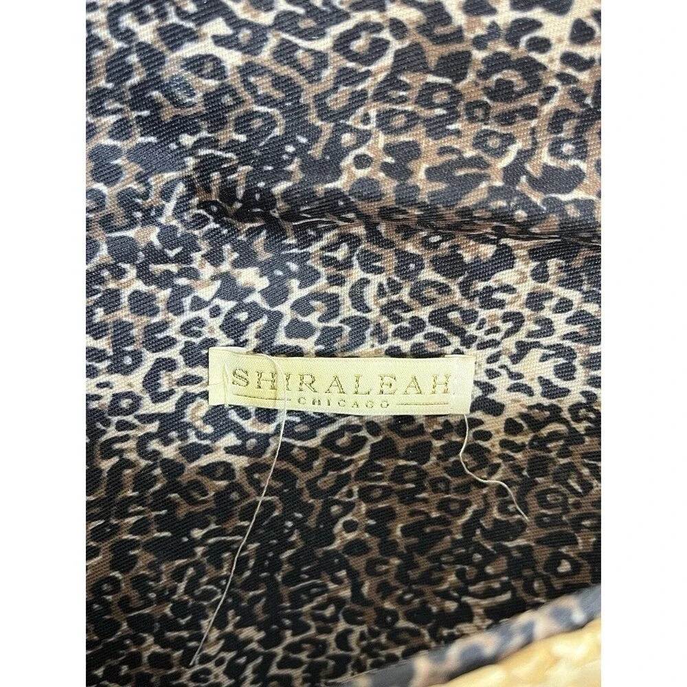 Shiraleah Straw Envelope Clutch Purse W/ Black Trim. Leopard Lining Snap Closure